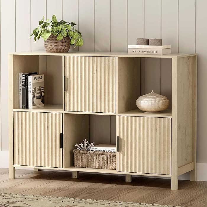 Fluted Storage Organizer Bookshelf, Modern Cube Bookcase with 3 Open Shelf and 3 Cabinets with Do... | Amazon (US)