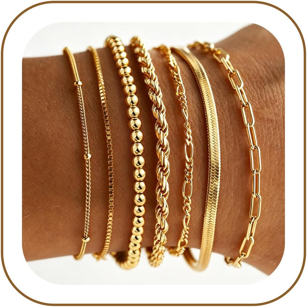 M MOOHAM 7PCS Gold Bracelets for Women, 14K Gold Plated Beaded Bracelet Set | Amazon (US)