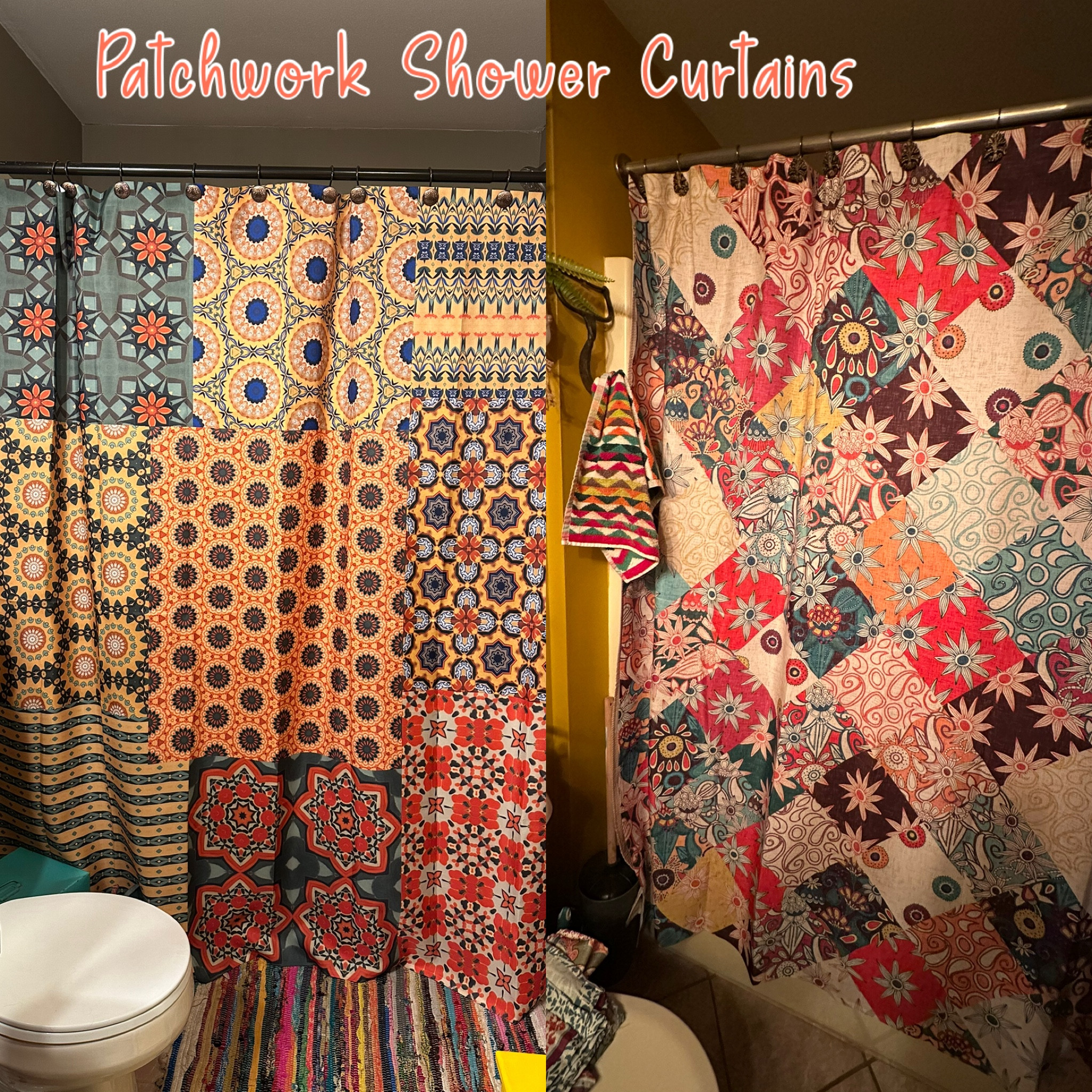 Jazzed up the bathrooms with some fun patchwork shower curtains! 