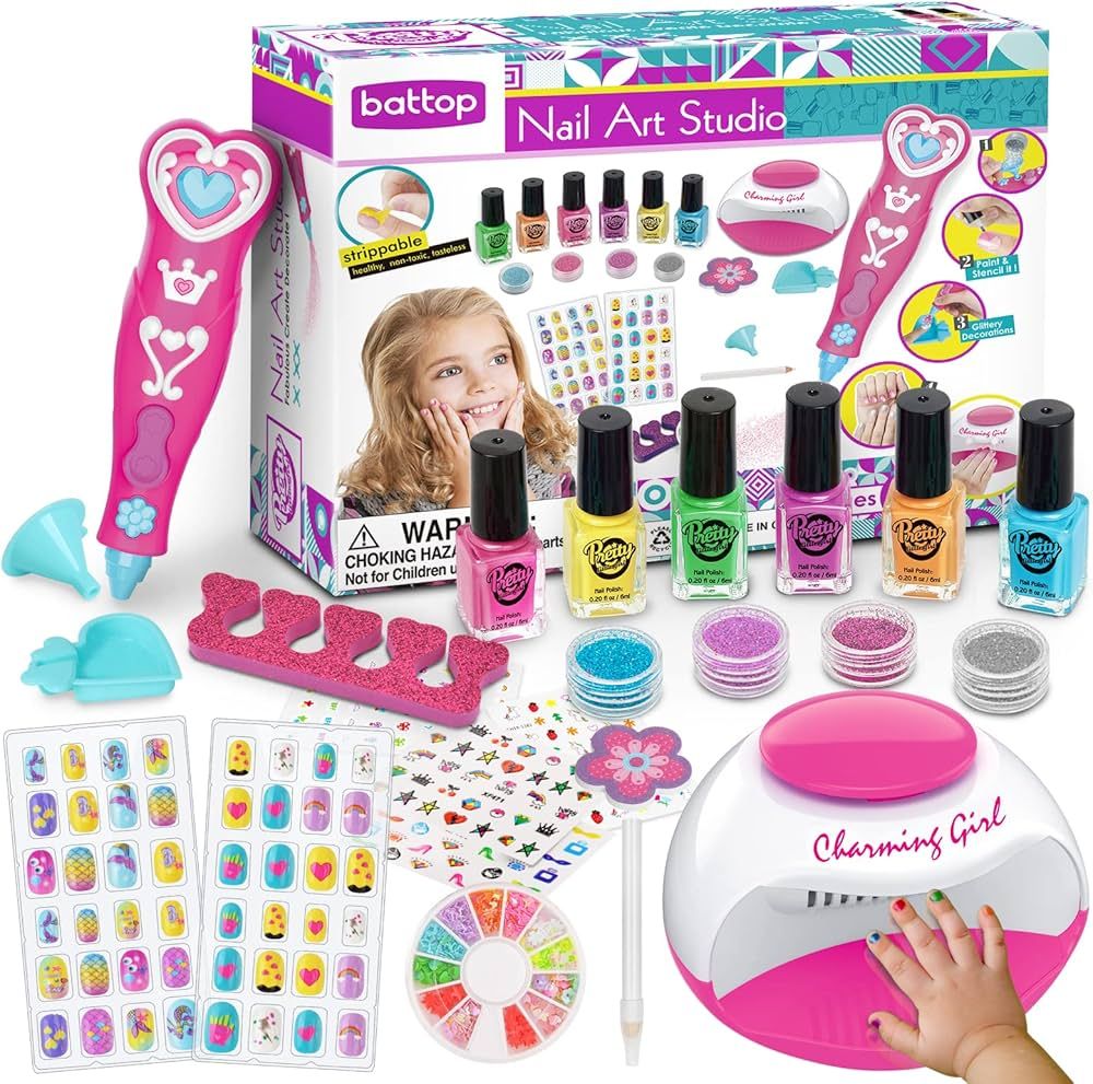 BATTOP Kids Nail Polish Set for Girls, Nail Art Kits with Nail Dryer & Glitter Pen, Quick Dry & P... | Amazon (US)