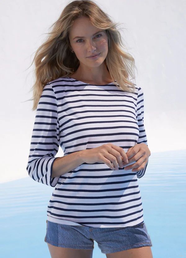 GALATHEE - Breton Striped Top with ¾ Sleeve | Soft Cotton | Women Fit (WHITE / NAVY) | Saint James USA