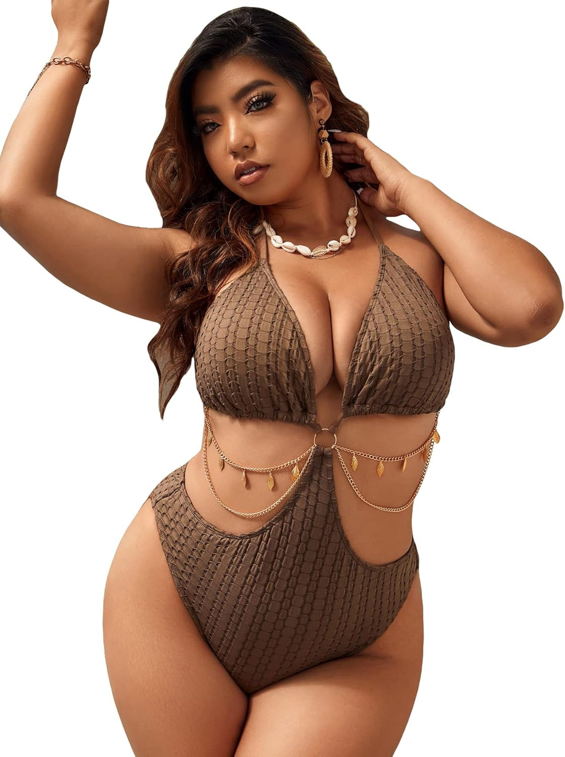 MakeMeChic Women's Plus Size Sexy Bathing Suit Chain Cut Out Tie Backless Halter One Piece Swimsu... | Amazon (US)