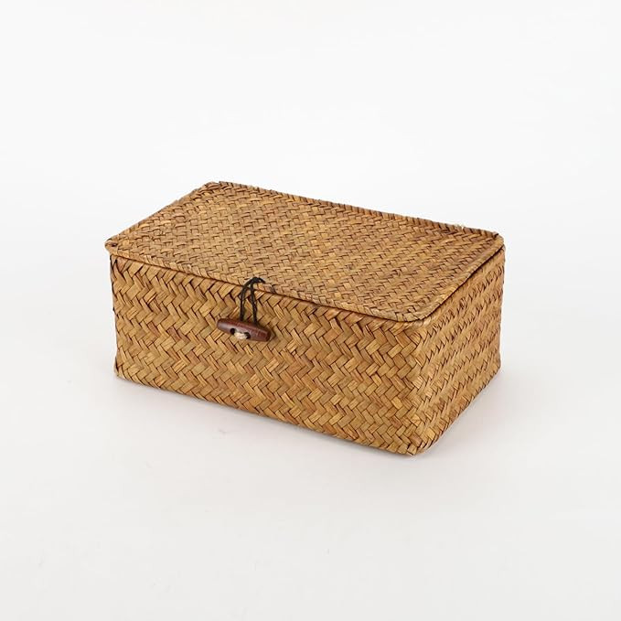 YRHOME Seagrass Rattan Basket Storage with Lid, Natural Hand-woven Rectangular Household Basket B... | Amazon (US)