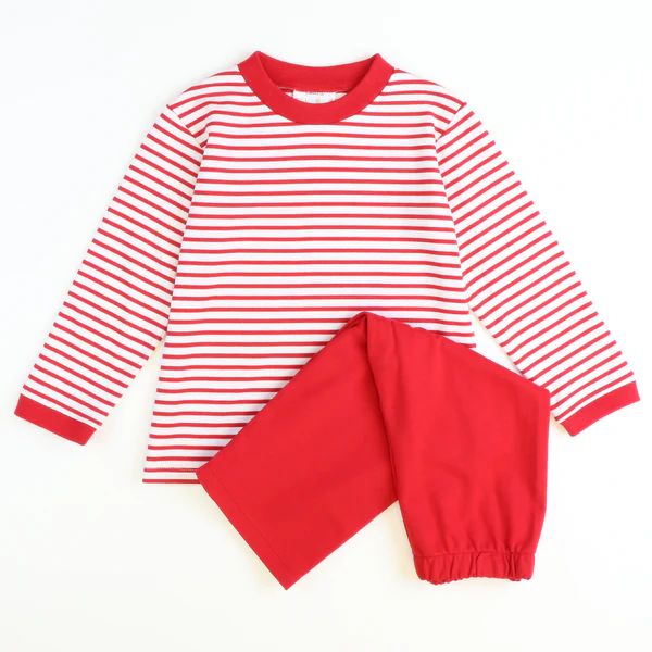 Signature L/S Knit Shirt & Pants Set - Red Stripe | Southern Smocked Co.