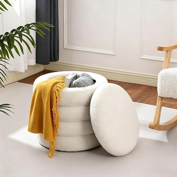 Teddy Sherpa Round Ottoman with Storage, Modern Upholstered Vanity Stool Foot Rest, Small White B... | Amazon (US)