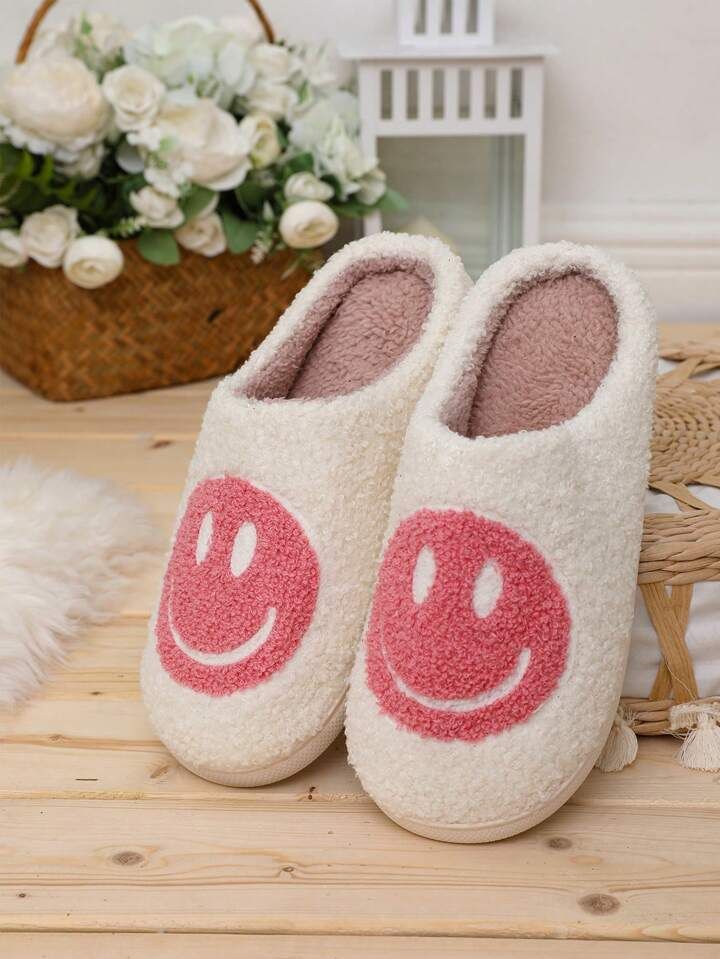 Women Korean Style Cute Cartoon Smiling Face Fluffy Fabric Slippers With Thick Non-Slip Sole, Win... | SHEIN