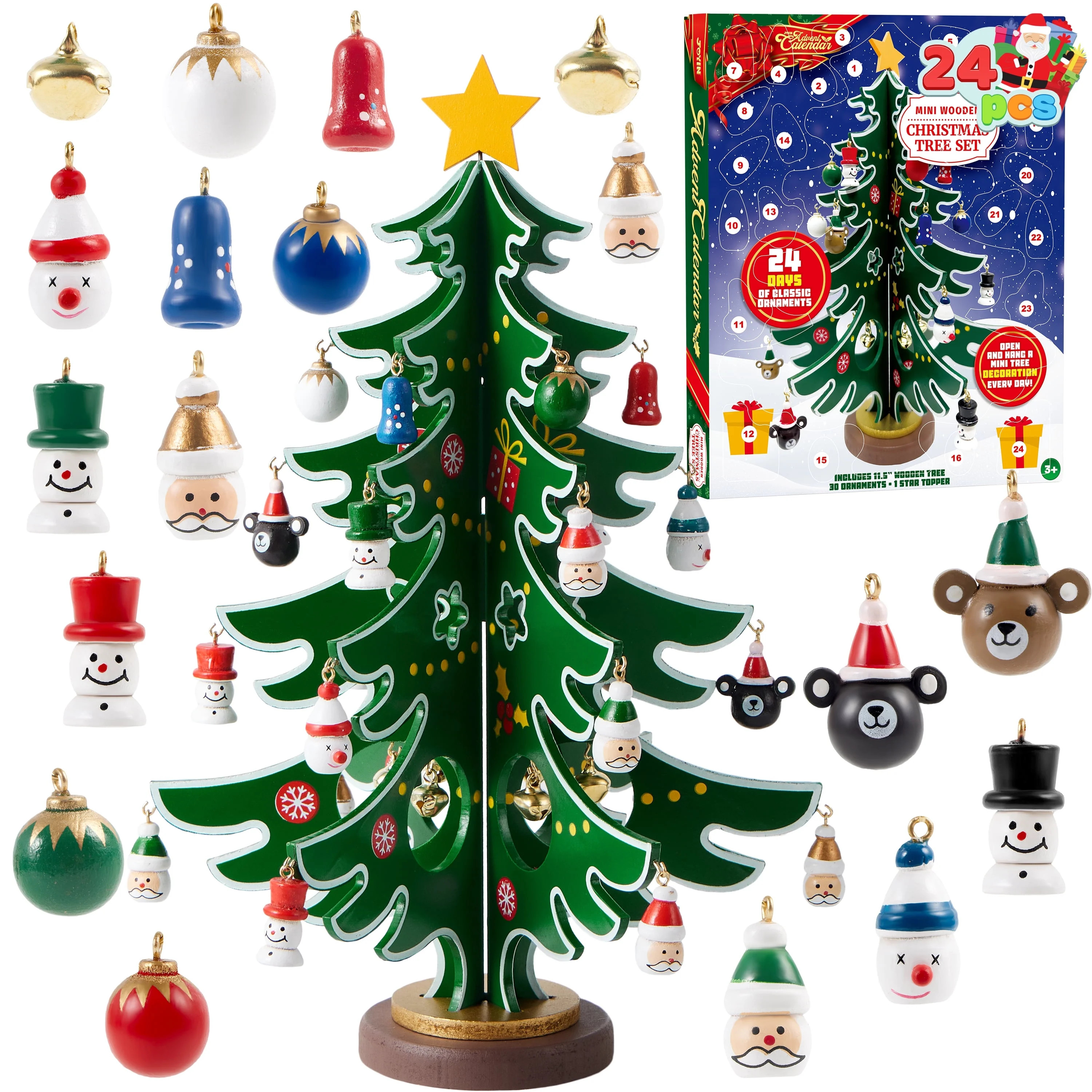 SYNCFUN Christmas Advent Calendar 2024 with a Tabletop Wooden Christmas Tree and 24 Ornaments Sno... | Walmart (US)