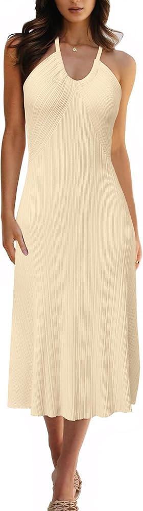 Arach&Cloz Women's Knit Adjustable Halter V Neck Summer Vacation Dress 2025 | Amazon (US)