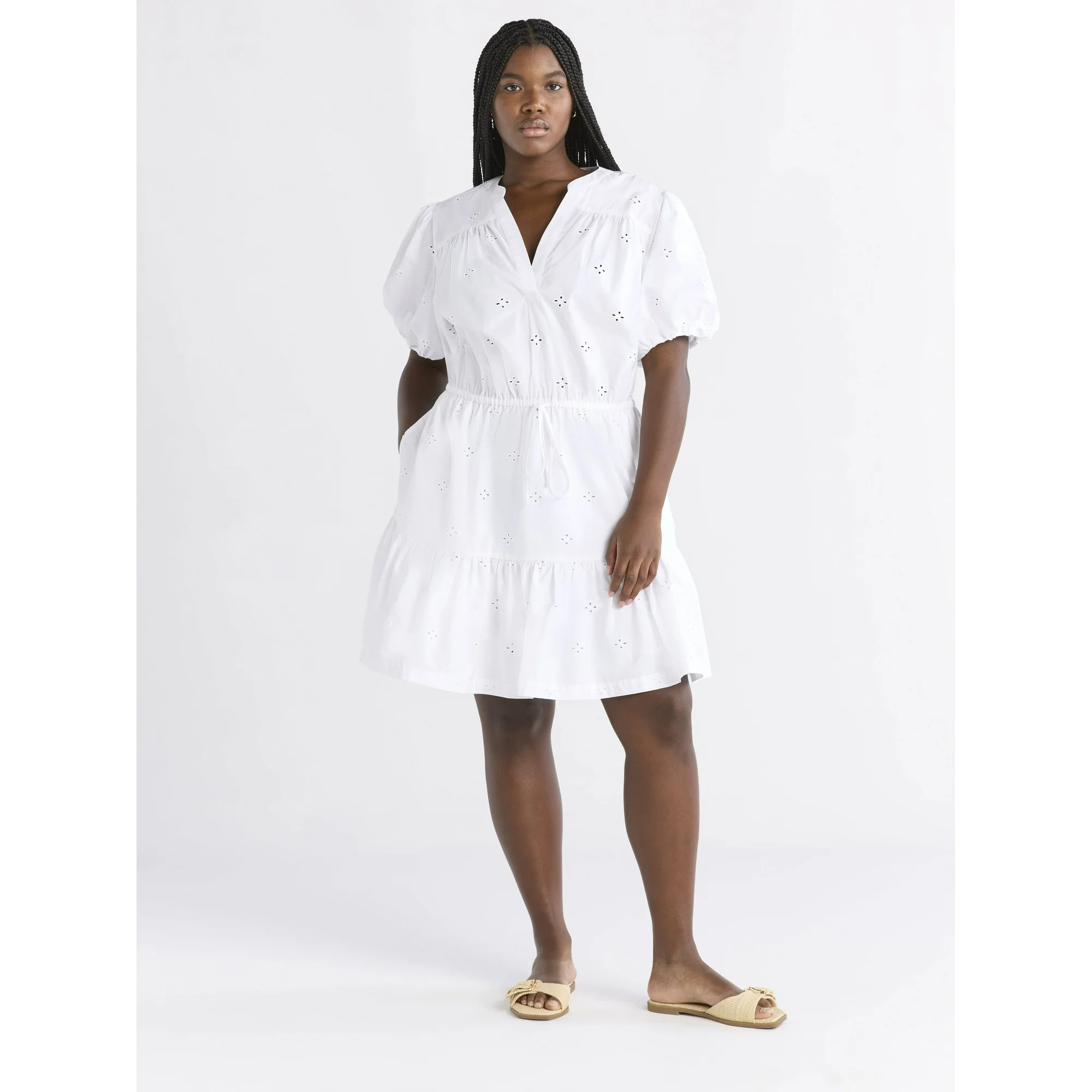 Free Assembly Women's and Women's Plus Cotton Eyelet Tiered Mini Dress with Puff Sleeves, Sizes X... | Walmart (US)