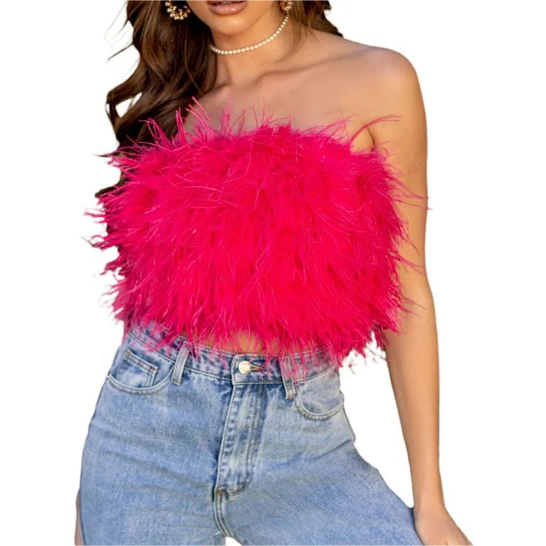 Women Sleeveless Feather Furry Tube Top Spaghetti Strap/Strapless Crop Tube Top with Fur for Part... | Walmart (US)