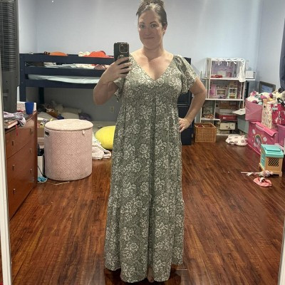 Women's Flutter Short Sleeve Floral Maxi A-Line Dress - Universal Thread™ Olive Green M | Target