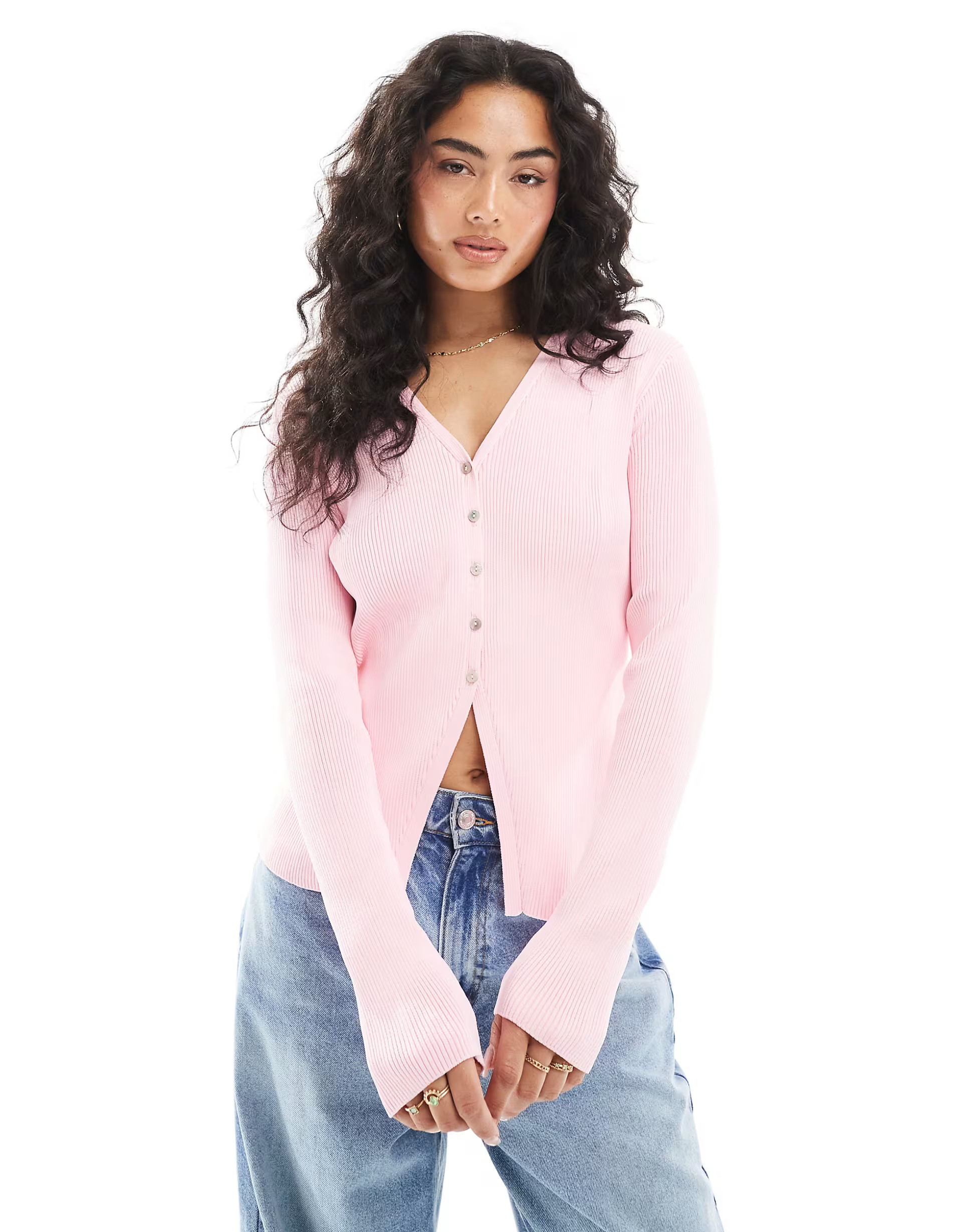 ASOS DESIGN neat fit fitted cardigan with split front in pink | ASOS | ASOS (Global)