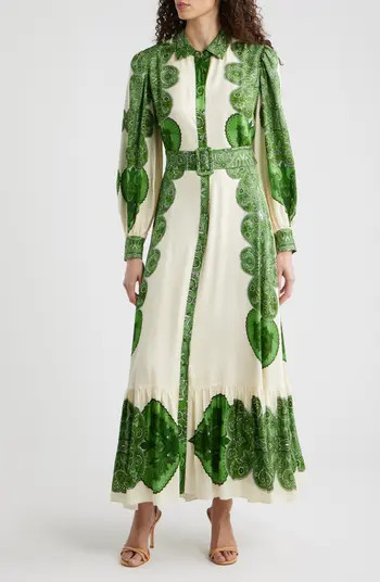 The Harley Regent Placed Paisley Long Sleeve Stretch Silk Maxi Shirtdress | Nordstrom