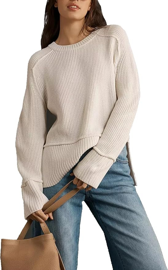 Women's Oversized Pullover Sweaters Crewneck Long Sleeve Casual Side Slit Warm Knit Sweater Top | Amazon (US)