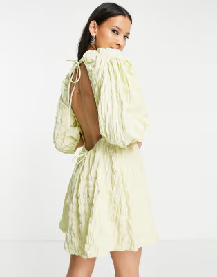 Weekday puff sleeve tie back mini dress in pale green | ASOS (Global)