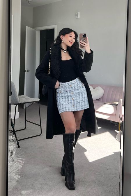 Black Long Sleeve Bodysuit: size XS
Tweed Skirt: size XS (currently sold out)
Faux Leather Boots: true to size

Faux Fur Coat, monochromatic, preppy, going out, dinner outfit 

#LTKitbag #LTKshoecrush