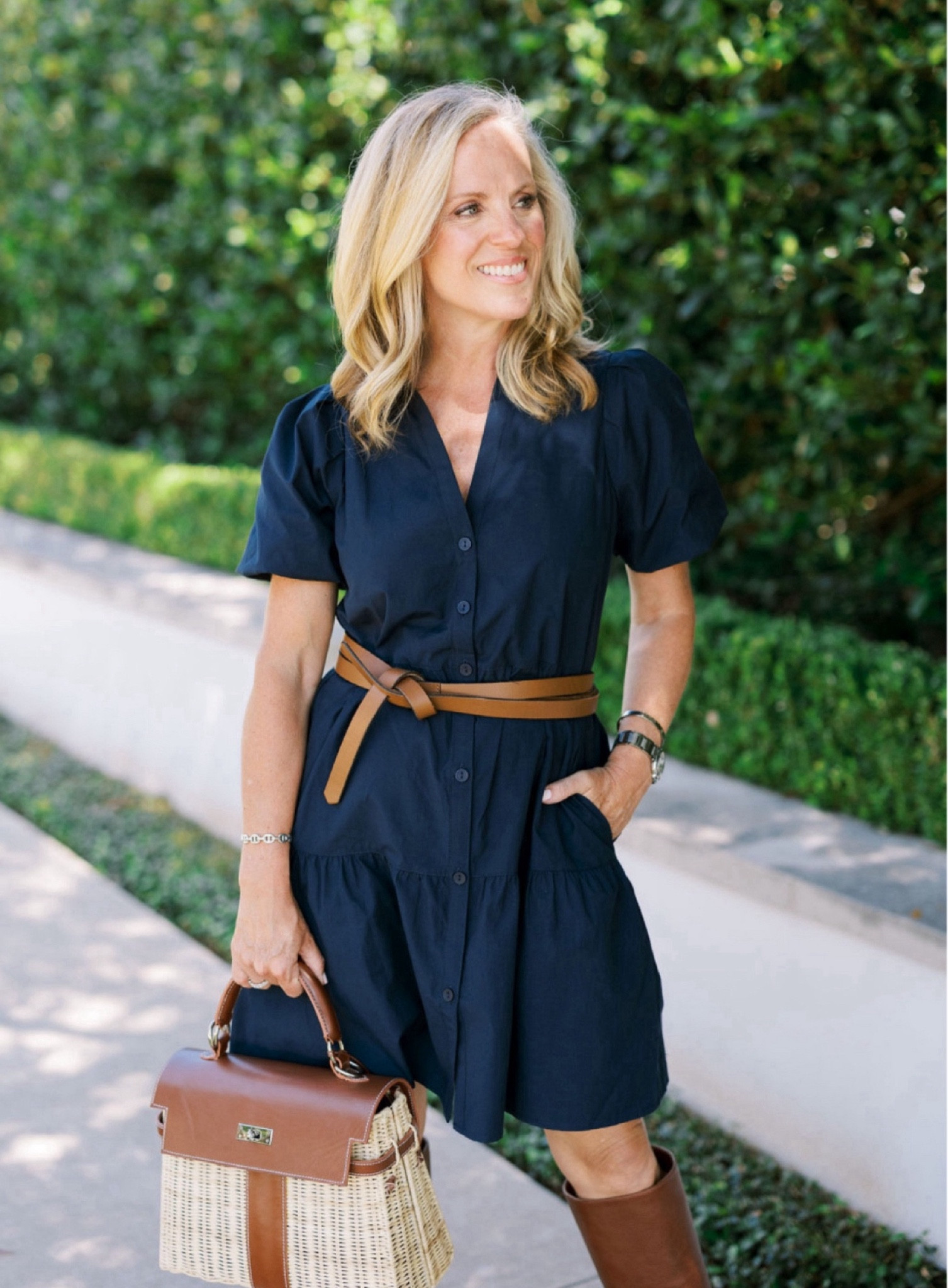 Havana mini dress in navy
Wrap belt
Wicker and leather handbag 
Tall brown boots 
Perfect fall dress 


#LTKStyleTip #LTKOver40 #LTKSeasonal