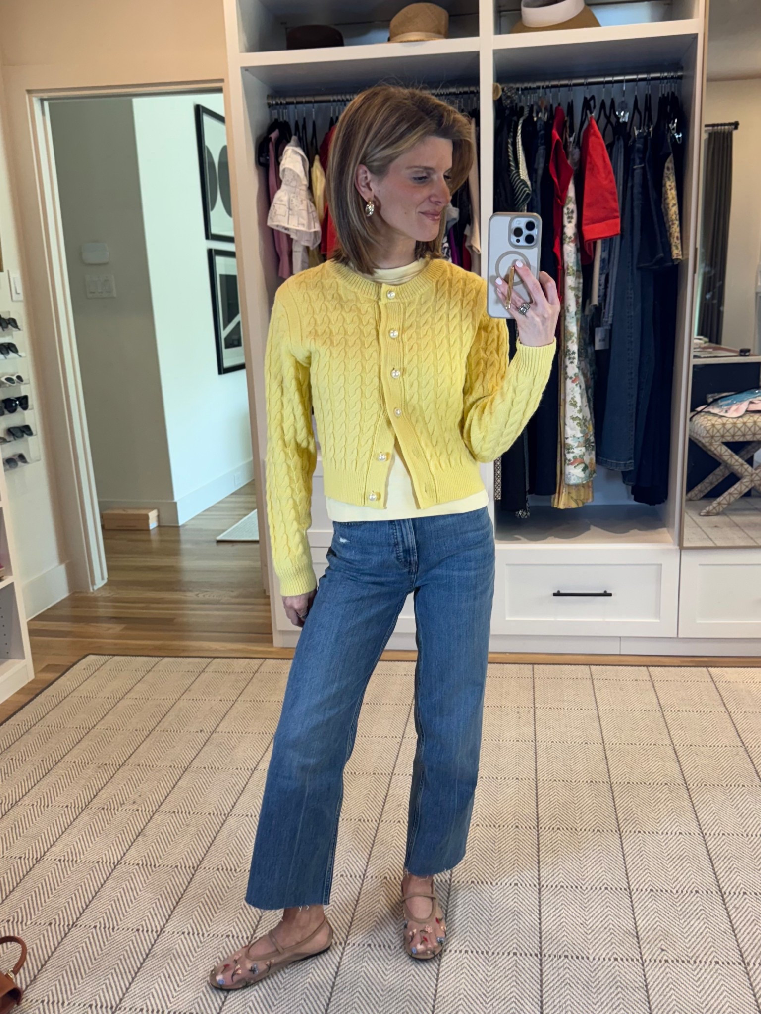 Cardigan - Nordstrom, wearing xs 
Tee - Spanx, wearing xs
Jeans - Everlane, TTS (cut for length)
