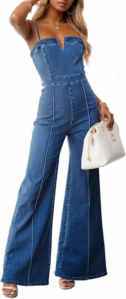 Vintange Denim Jumpsuit for Women Adjustable Strap Stretchy Sleeveless Overalls Y2K Jeans Pants | Amazon (US)