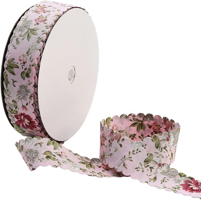 20 Yards Pink Floral Print Ribbon Vintage Flower Pattern Ribbon Spring Polyester Wavy Edge Fabric... | Amazon (US)