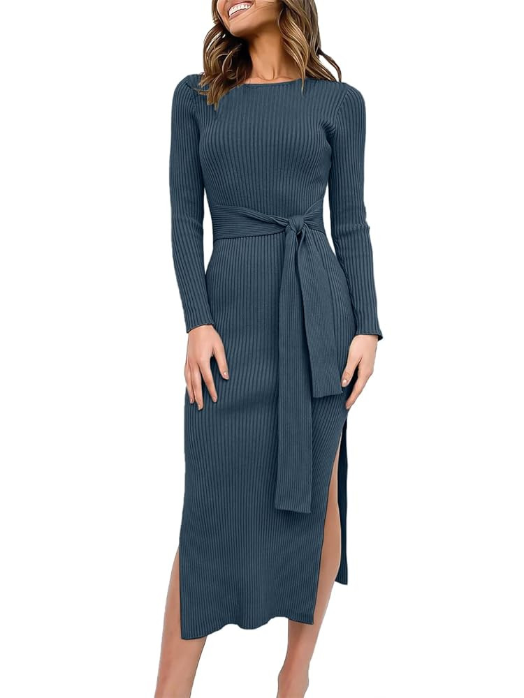 ANRABESS Womens Long Sleeve Sweater Dress Crew Neck Slim Fit Slit Tie Waist 2025 Ribbed Knit Body... | Amazon (US)