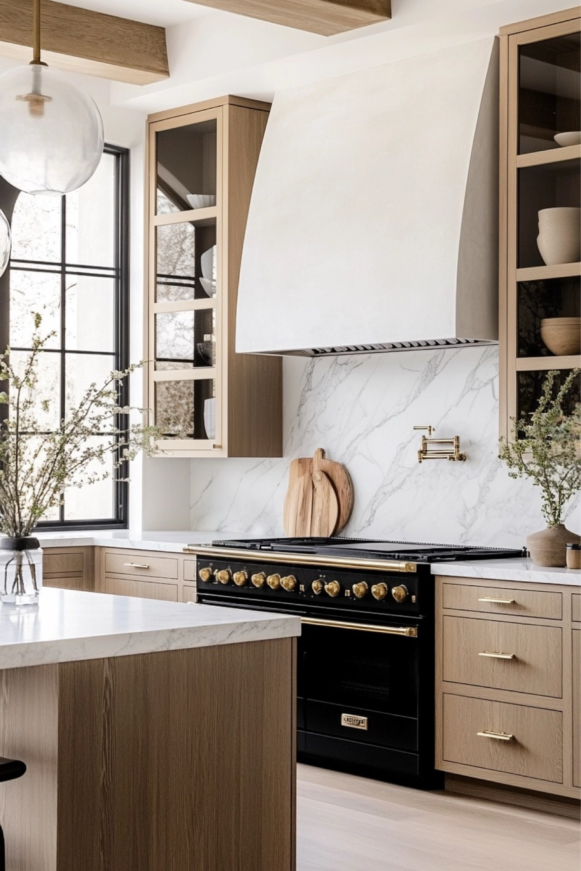 |A timeless, modern kitchen design|- complete with rift white oak, inset custom cabinetry, a bold black & brass gas range, plaster hood, and quartz countertops 🤍 

#LTKHome