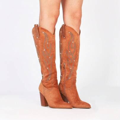 Suede Knee High Cowboy Boots For Women Rhinestones Embroidered Pointed Toe Chunky Heel Side Zip Pull-On Western Cowgirl Boots | SHEIN
