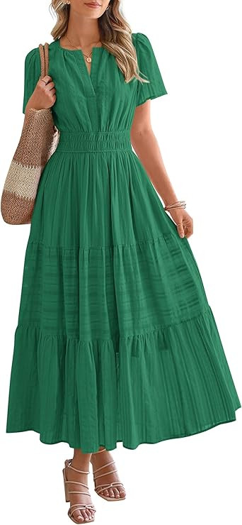 BTFBM Womens Summer 2026 Casual Midi Maxi Dresses Lightweight Short Sleeve V Neck Elastic Waist B... | Amazon (US)