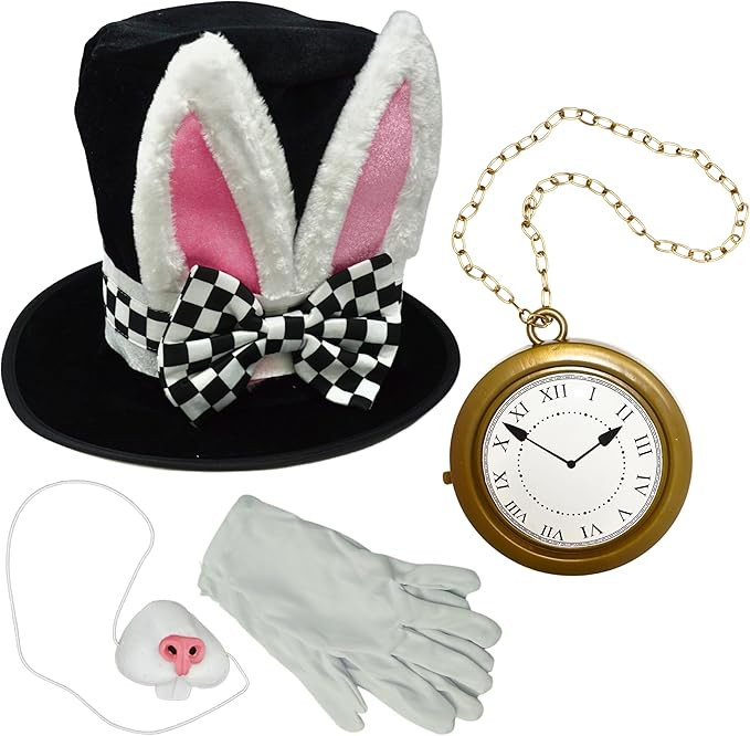 4E's Novelty White Rabbit Costume Accessory Set (4pcs) Includes Top Hat, Oversized Clock, Bunny N... | Amazon (US)
