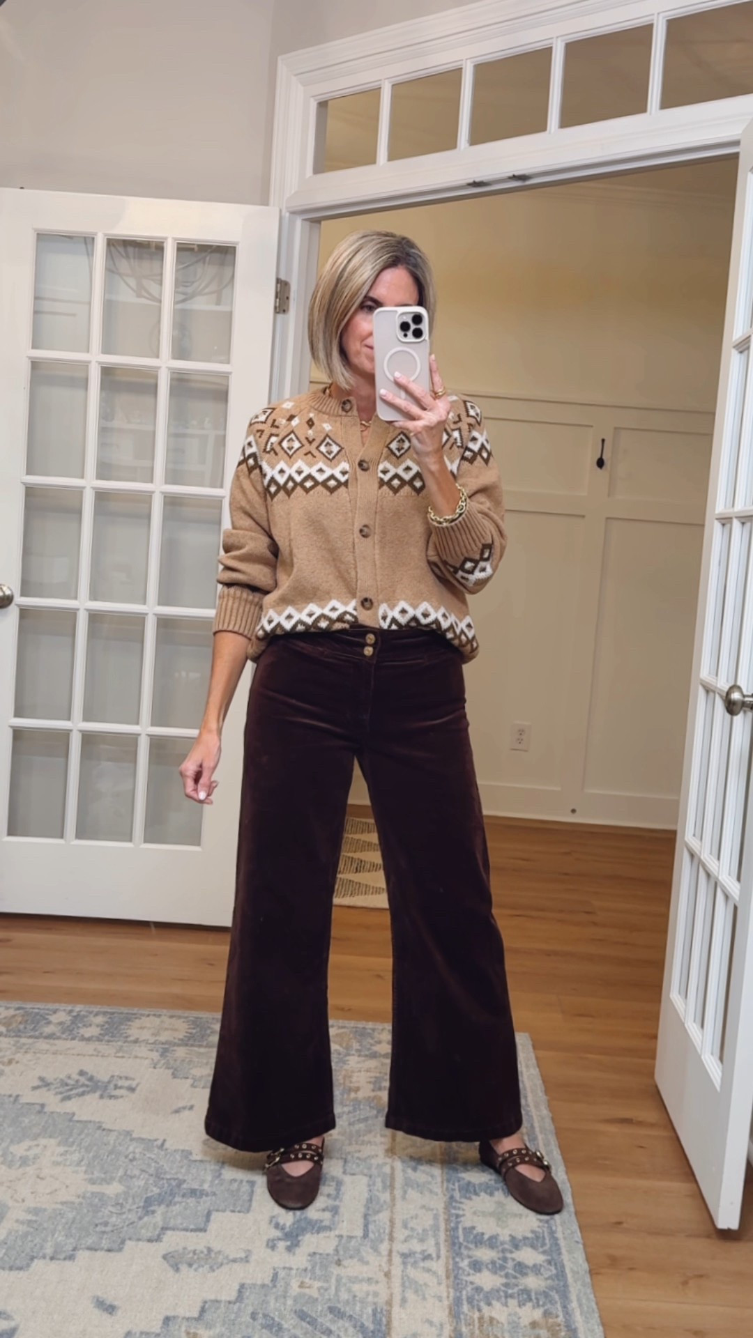 Thanksgiving outfit idea - Fair isle cardigan sweater and brown corduroy wide leg pants. wearing xs in sweater, 4 in pants 



#LTKFindsUnder50 #LTKOver40 #LTKSeasonal