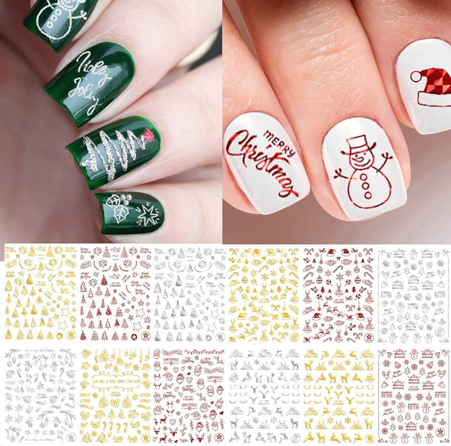 Adurself 12 Sheets Christmas Metallic Nail Art Decals Xmas 3D Nail Self-Adhesive Stickers Santa C... | Amazon (US)