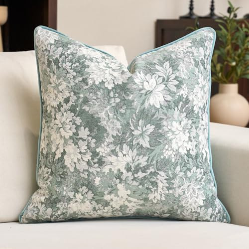 Alerfa Light Blue Neutral Floral Pillow Cover 20 x 20 Inch, Vintage Chenille Square Couch Pillow Cover Soft Decorative Farmhouse Accent Pillowcase for Living Room Bedroom | Amazon (US)