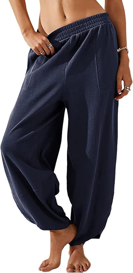 Himosyber Women Cotton Pants Wide Leg Pants Casual Loose Baggy Elastic Waist Beach Palazzo Harem ... | Amazon (US)