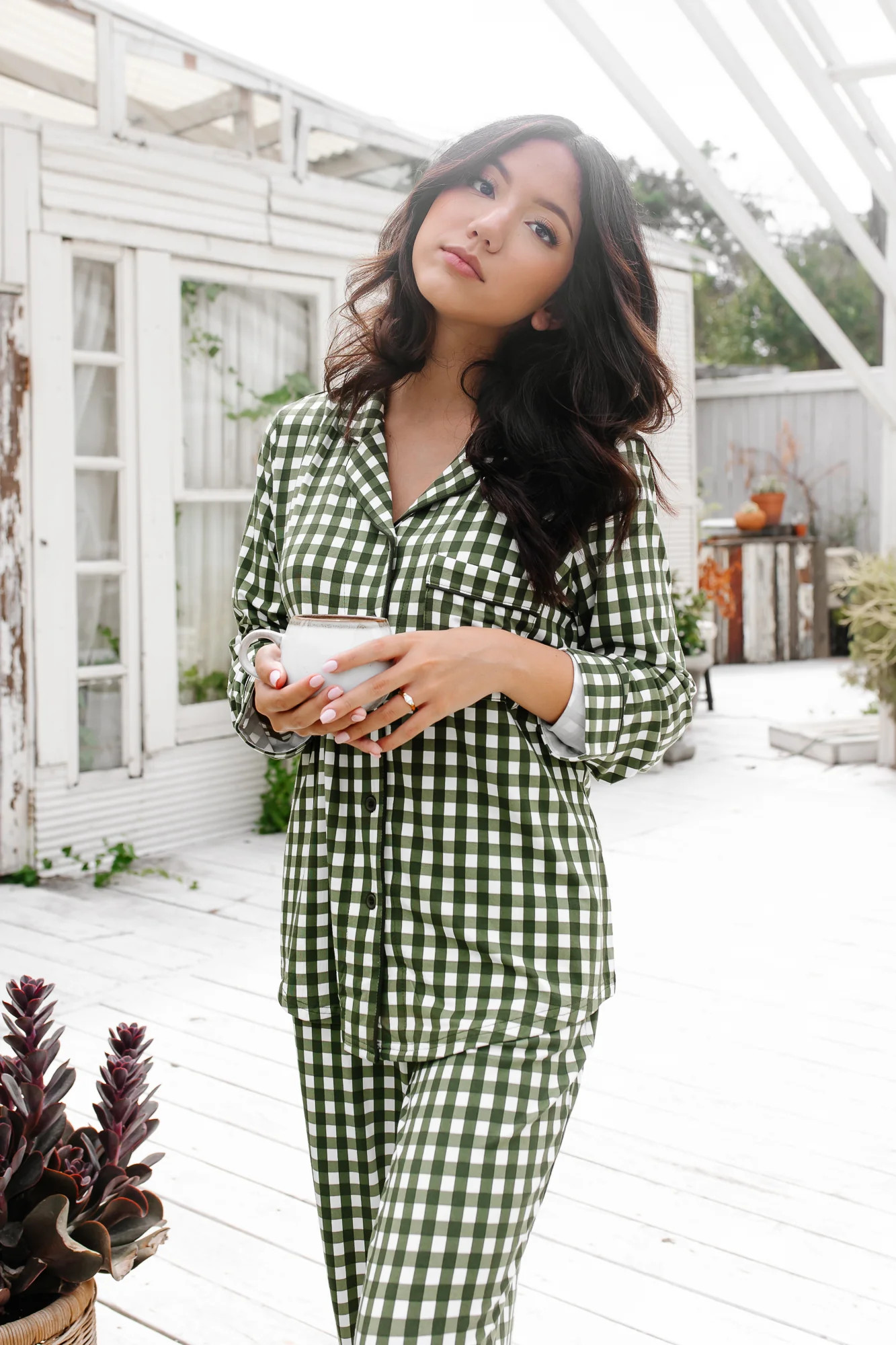 Bamboo Long-Sleeved Women's Pajama Set in Gingham Fir | Kyte Living