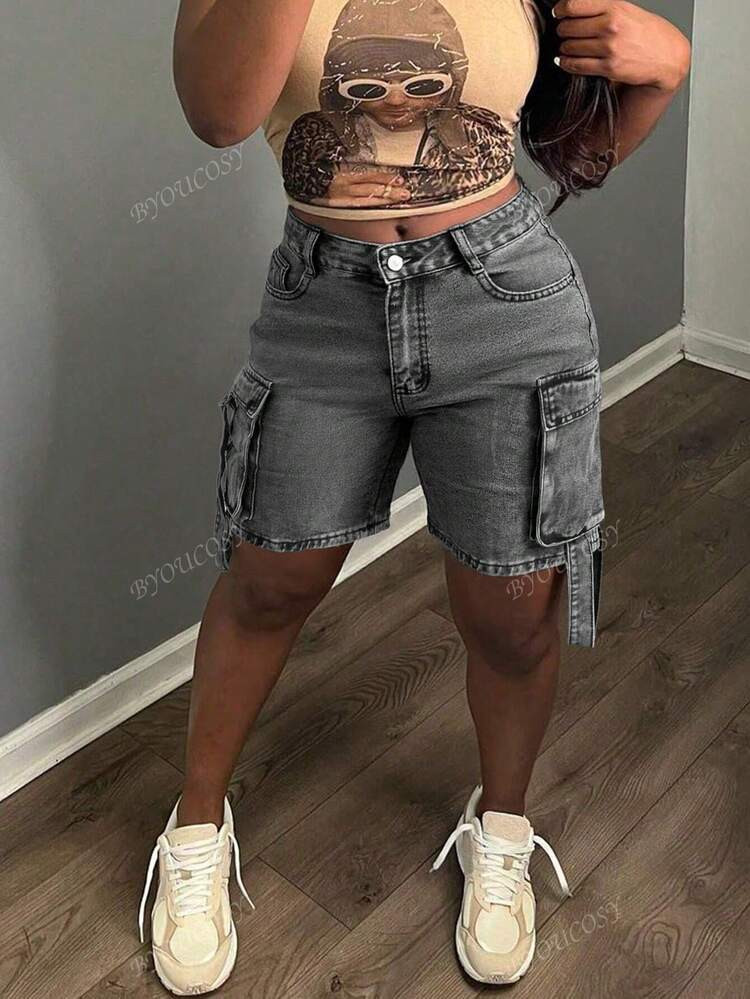 Y2K Multi Pockets Baggy Straight Leg Cargo Short Jeans For Women | SHEIN