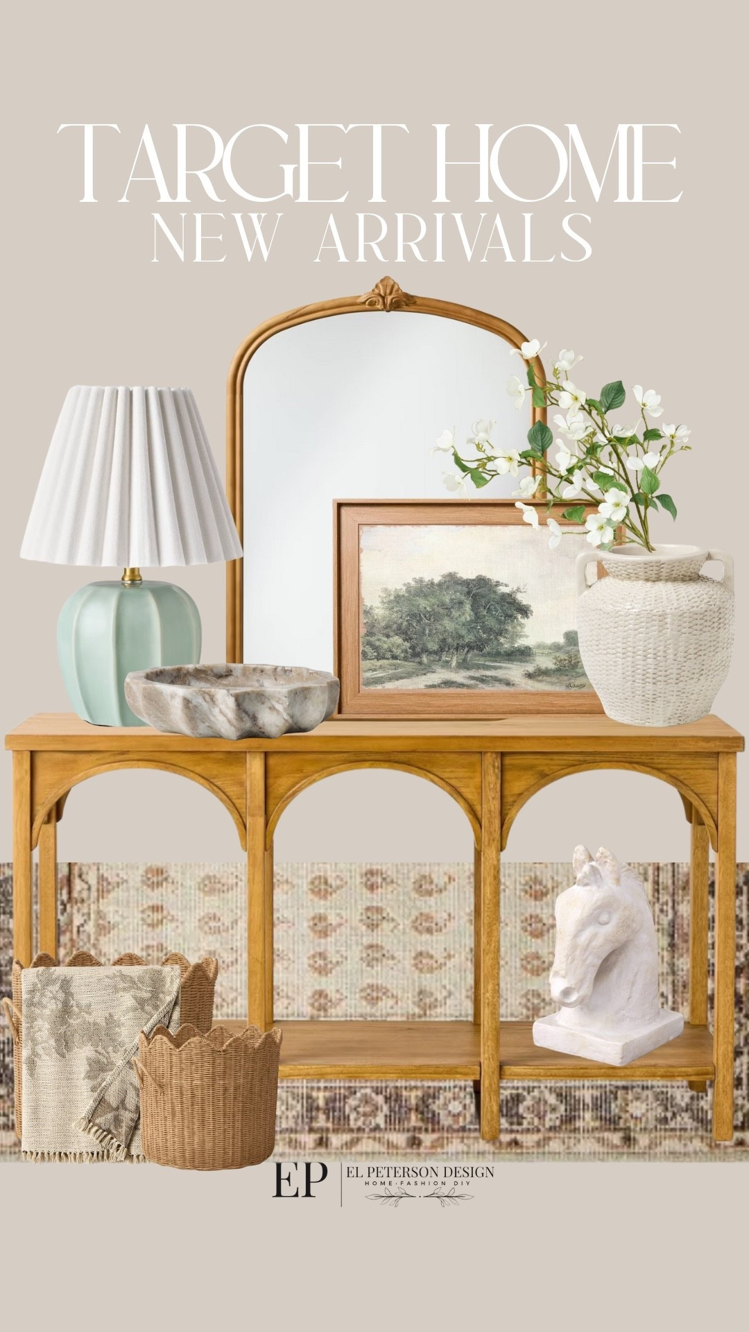 Target
New Arrivals
Area rug
Console table
Basket
Throw blanket
Mirror
Artwork
Vase
Stems
Table lamp
Bowl 

#LTKHome