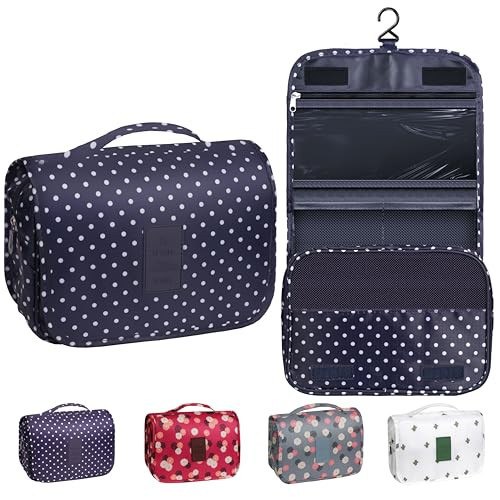 YEMEDA Toiletry Bag Travel Bag with Hanging Hook, Waterproof Capacity Hanging Multifunctional Makeup Bag for Toiletries, Portable Cosmetic Bag Travel Organizer for Women and Men(Navy Dot) | Amazon (US)