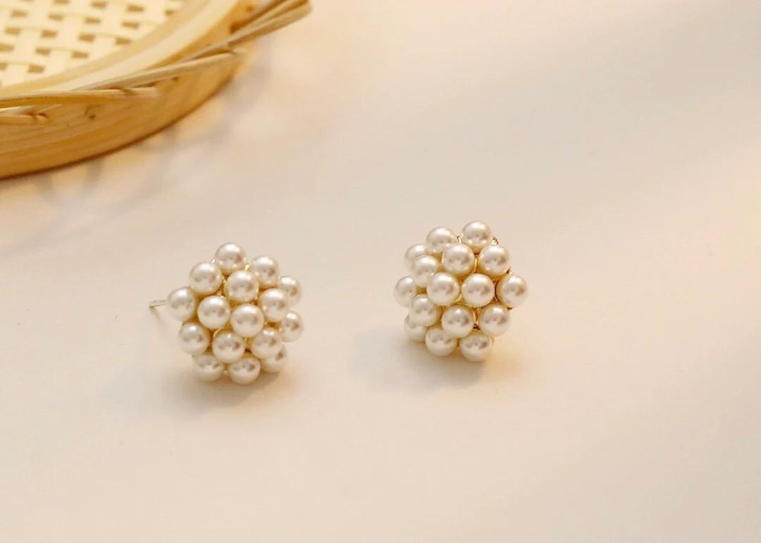 Pearl Cluster Earrings, Pearl Stud Earrings, Natural Pearl Earrings, Bridal Earrings, Wedding Ear... | Etsy (US)