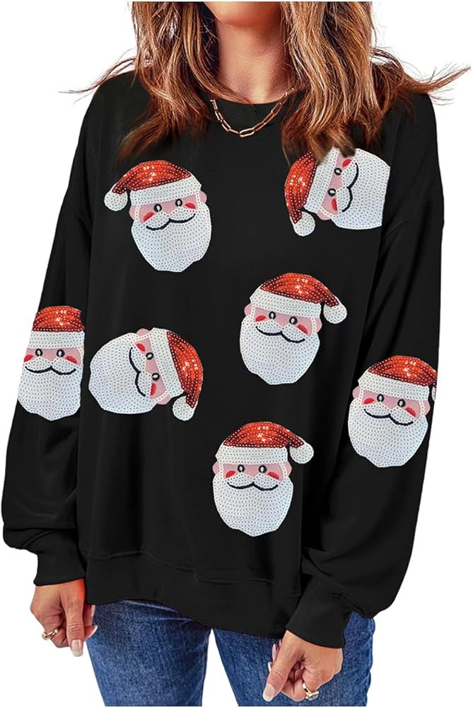 Ecosunny Christmas Sweatshirts Womens Sequin Santa Graphic Shirt Csausl Crewneck Long Sleeve Holi... | Amazon (US)