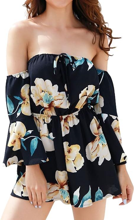 Relipop Women's Summer Floral Off Shoulder 3/4 Flared Sleeve Romper Jumpsuit | Amazon (US)