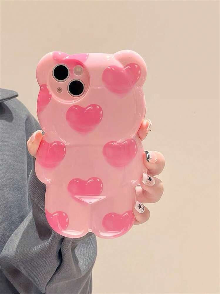Funny Phone Case Pink 3d Heart Teddy Bear Designed Phone Case Compatible With Iphone Kawaii Waterproof Shockproof Anti-Fall Scratch Resistant | SHEIN