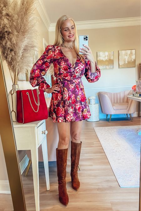 This silky burgundy floral dress is perfect for any fall event and would be so cute for thanksgiving day! Also loving all these chocolate brown suede boots!

#LTKstyletip #LTKshoecrush #LTKHoliday