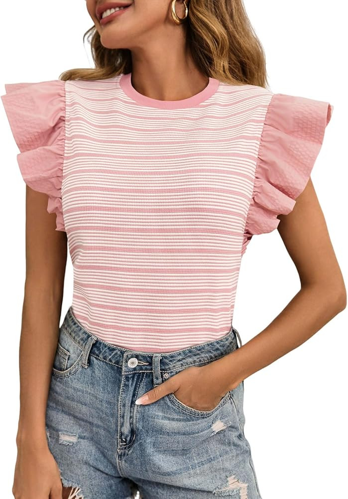 Tankaneo Womens Ruffle Striped Tank Tops Summer Crew Neck Sleeveless Shirts Loose Fit Dressy Casu... | Amazon (US)