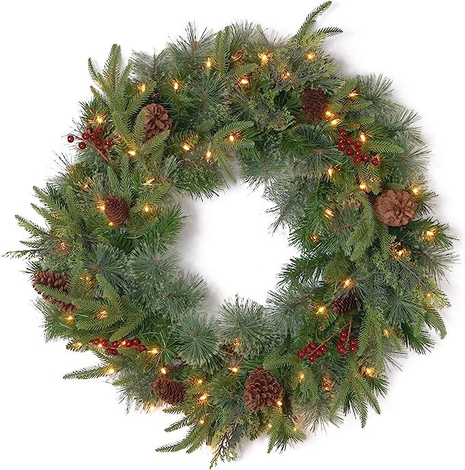 National Tree Company Pre-Lit Artificial Christmas Wreath, Green, Colonial Fir, White Lights, Dec... | Amazon (US)