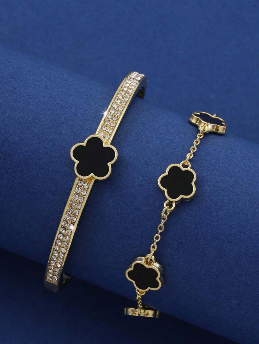 2pcs/Set Fashionable Personalized Five-Petal Flower & Cubic Zirconia Bracelets Set For Women Dati... | SHEIN