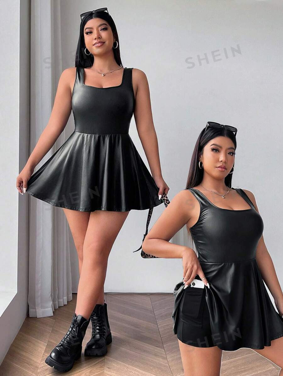 SHEIN EZwear Plus Size Sleeveless Pu Leather Jumpsuit Dress With Pockets, Casual Wear For Hallowe... | SHEIN