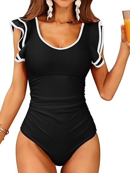 SOCIALA One Piece Swimsuit Ruffle Sleeves Sexy U Neck Ruched Tummy Control Bathing Suits Color Bl... | Amazon (US)