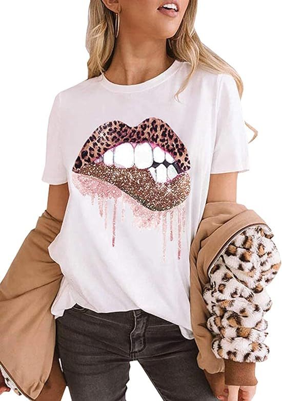Gowone Women Chic Leopard Print Bite Lip Shirt Causal Sequined Sparkely Glittery Lip Graphic Sho... | Amazon (US)