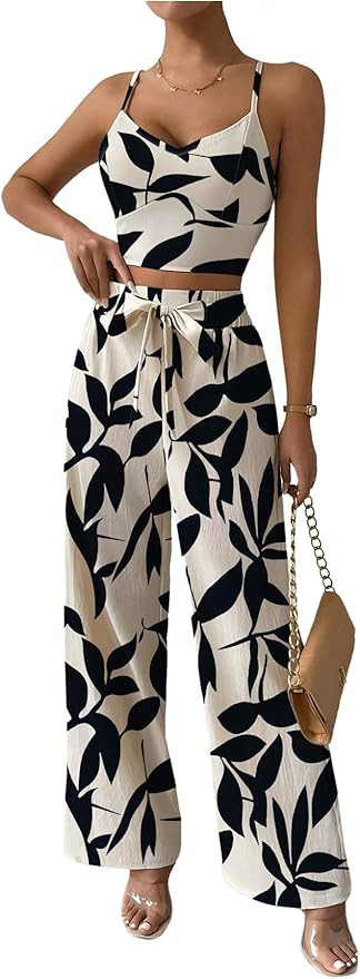 WDIRARA Women's 2 Piece Sets V Neck Crop Cami Belted Wide Leg Pants Outfits | Amazon (US)