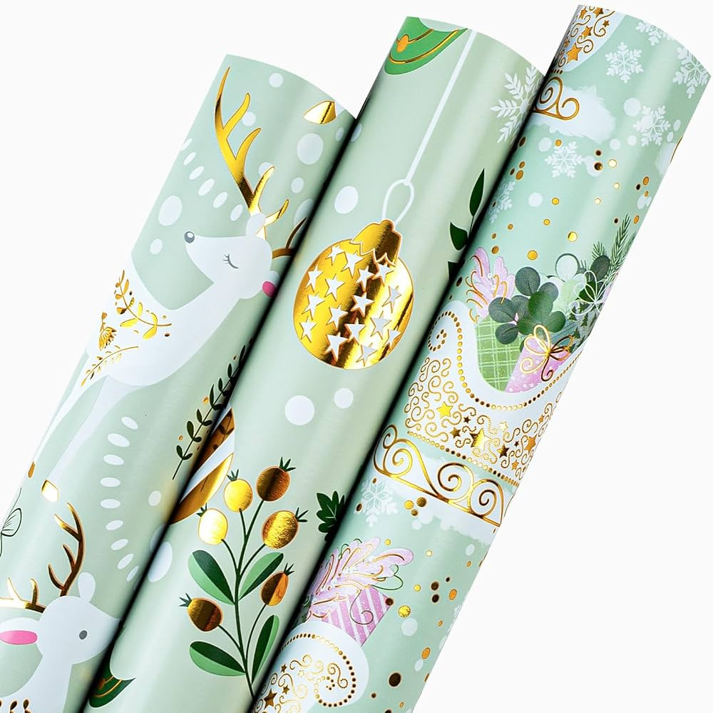 Retrify Christmas Wrapping Paper Roll - 3 Mini Rolls - 17 Inch x 120 Inch Per Roll - Cute Reindee... | Amazon (US)